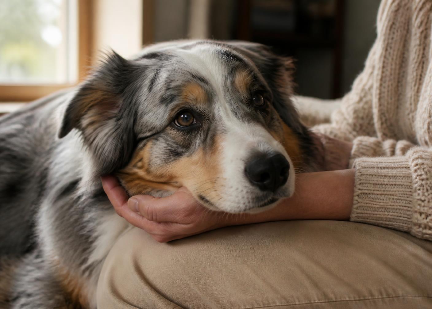 A blue merle Australian Shepherd resting its head in a person's hands