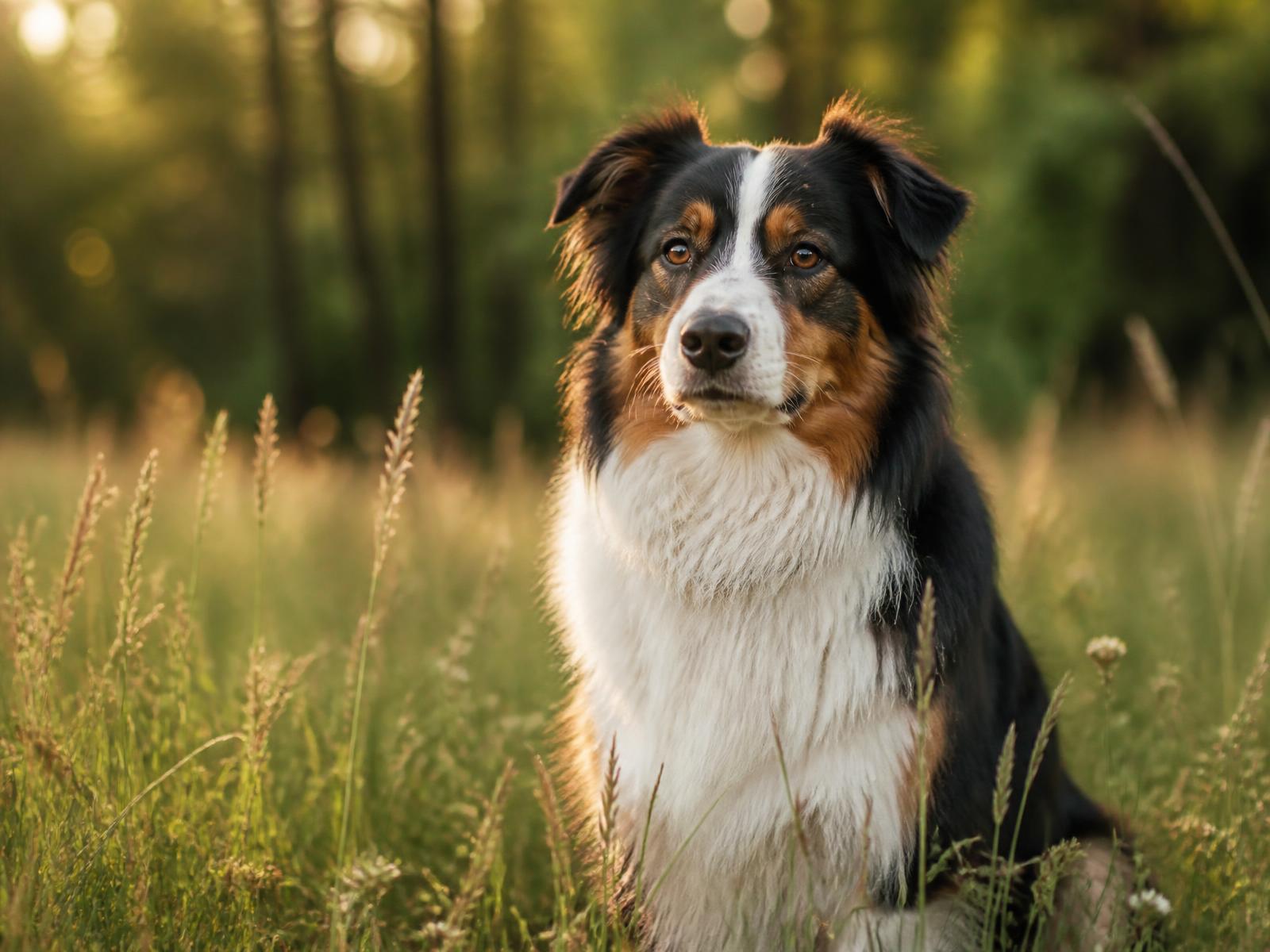 A tricolor Australian Shepherd sitting calmly in a sunlit meadow